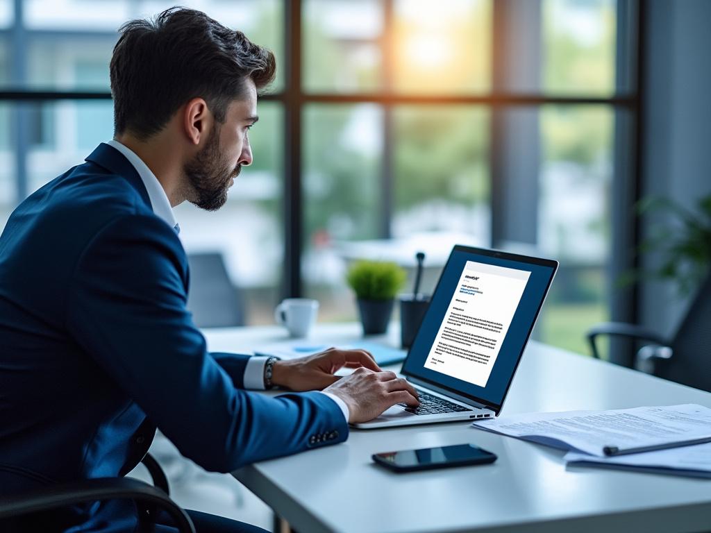 Homme travaillant sur ordinateur portable au bureau moderne.